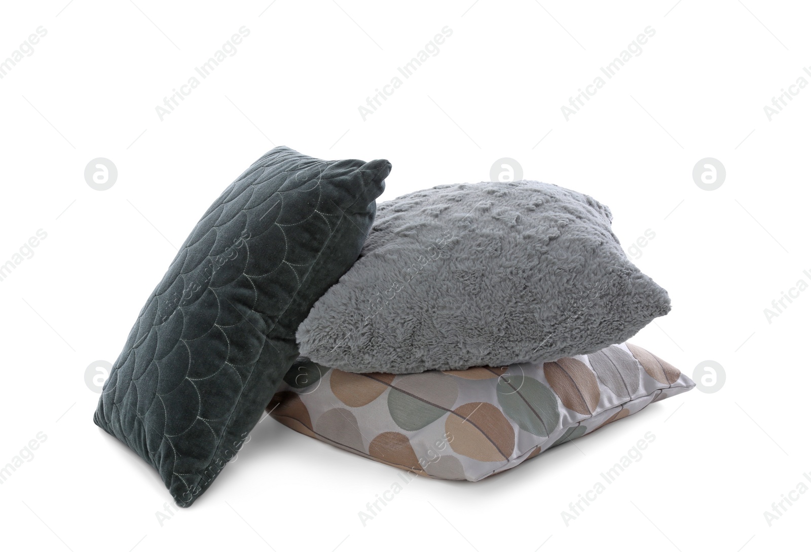 Photo of Different colorful pillows on white background