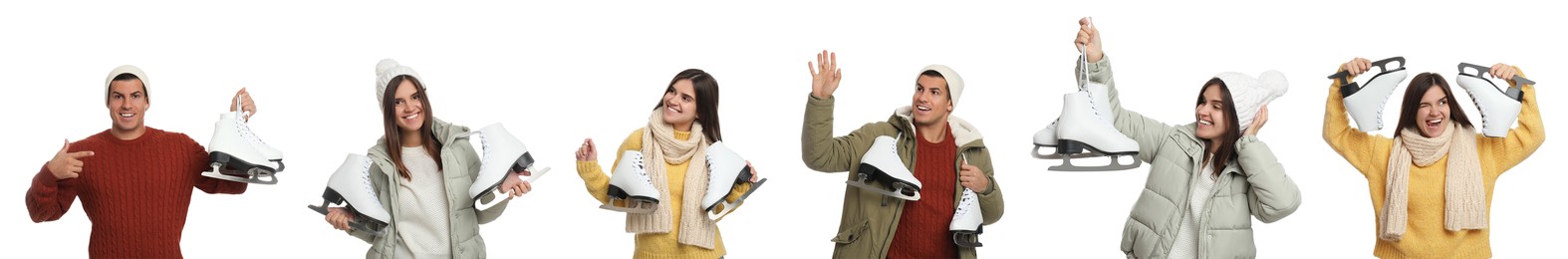 Image of Collage with photos of man and woman with ice skates on white background, banner design