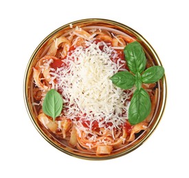 Photo of Delicious pasta with tomato sauce, basil and parmesan cheese isolated on white, top view
