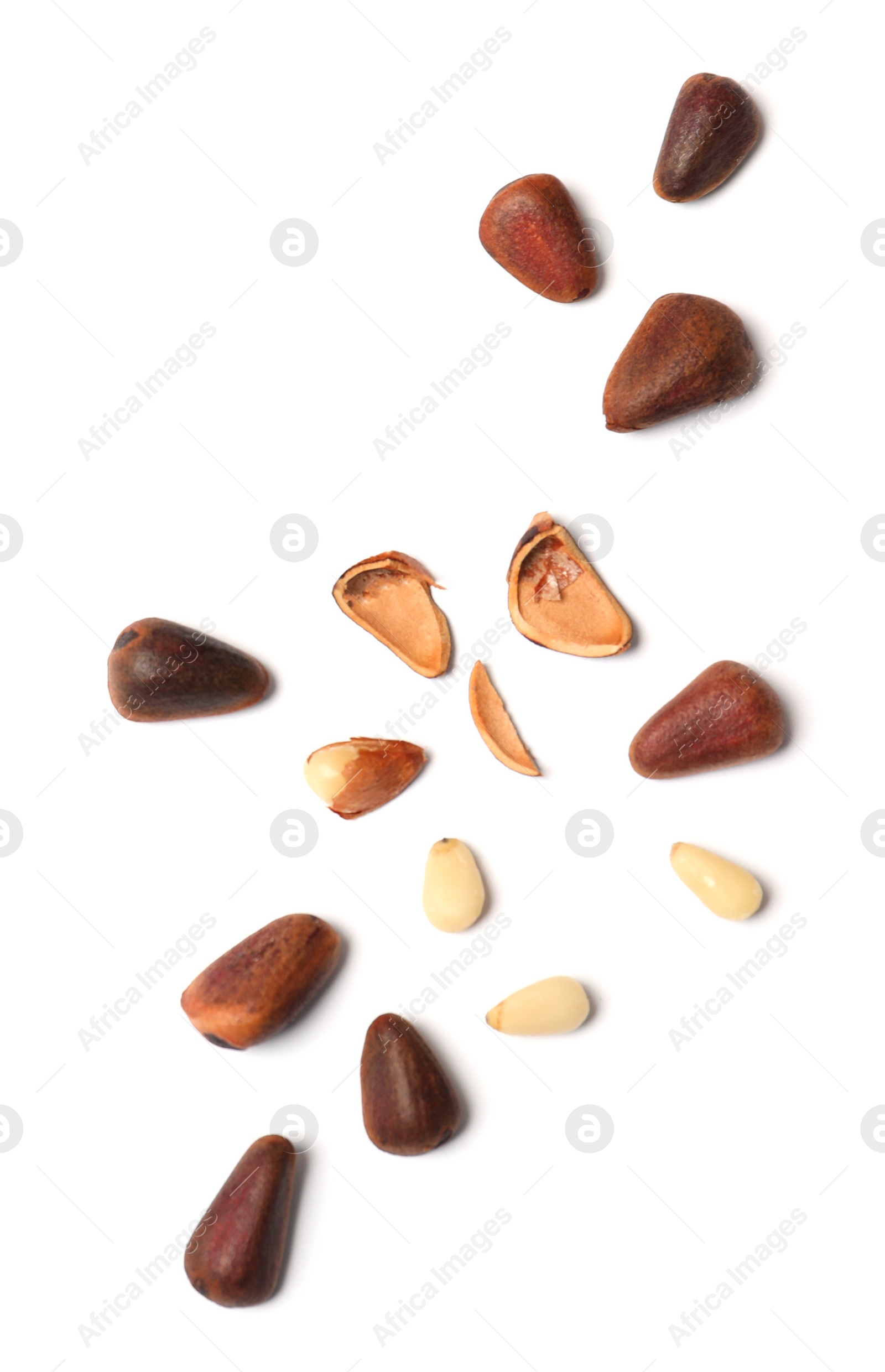 Photo of Composition with pine nuts on white background, top view