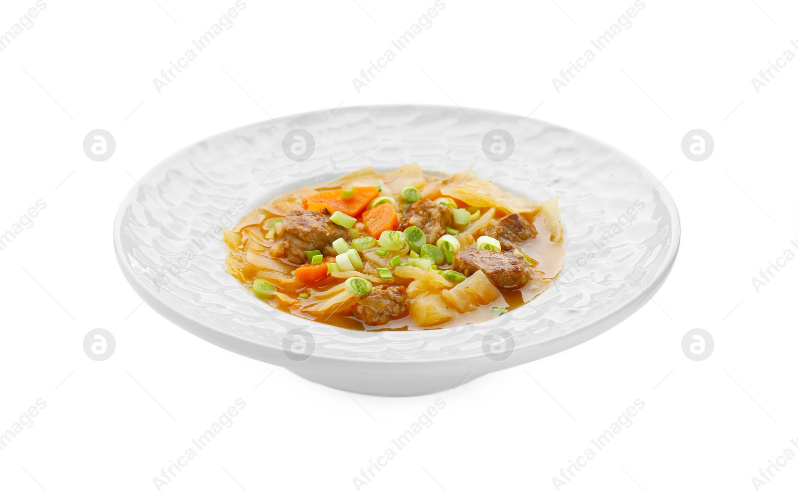 Photo of Tasty cabbage soup with meat, green onion and carrot on white background