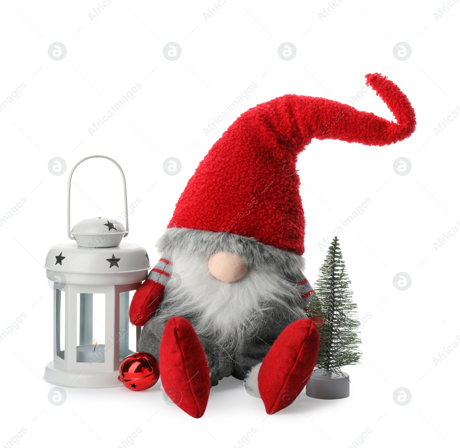 Photo of Funny Christmas gnome with tree and lantern on white background