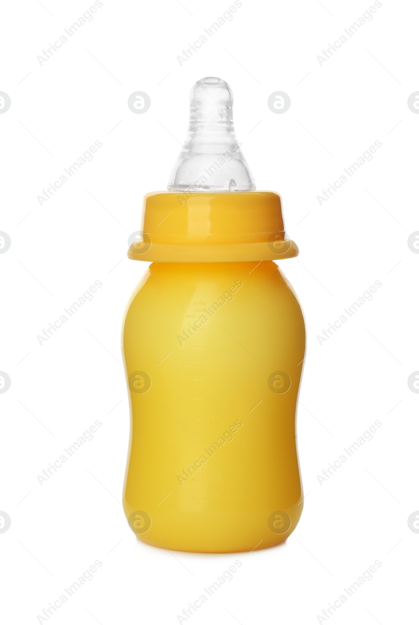 Photo of Feeding bottle with infant formula on white background. Baby milk