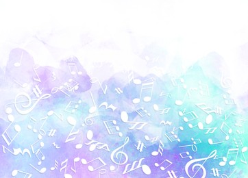 Illustration of Many music notes and other musical symbols on color background
