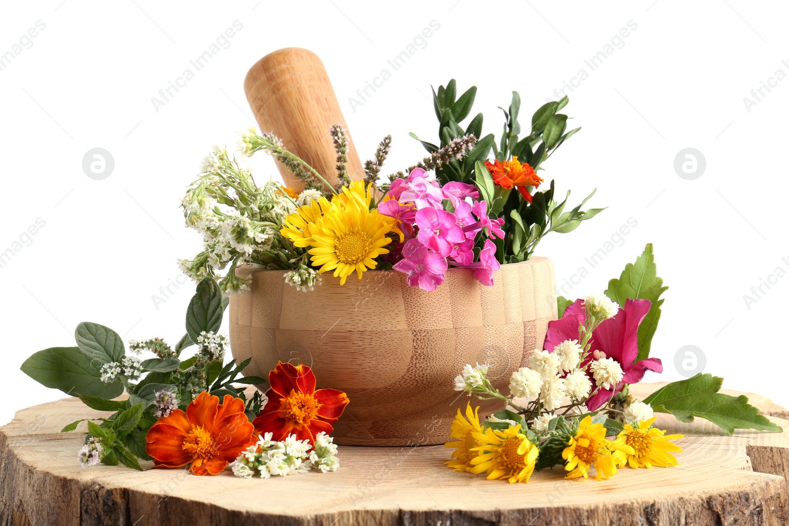 Photo of Wooden mortar, pestle and different flowers on white background
