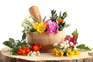 Wooden mortar, pestle and different flowers on white background