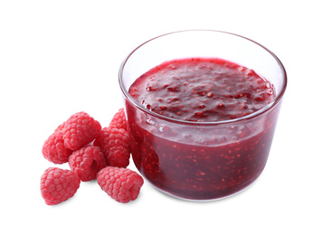 Delicious jam and fresh raspberries isolated on white