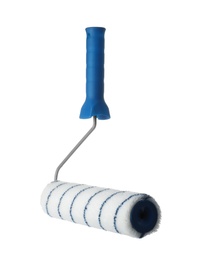 Photo of New paint roller brush on white background