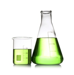 Photo of Chemistry laboratory glassware with samples isolated on white