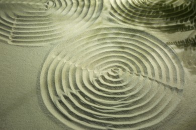 Photo of Beautiful spirals and shadows of leaves on sand. Zen garden