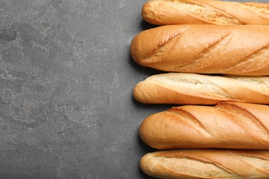 Photo of Different tasty baguettes on grey table, flat lay. Space for text