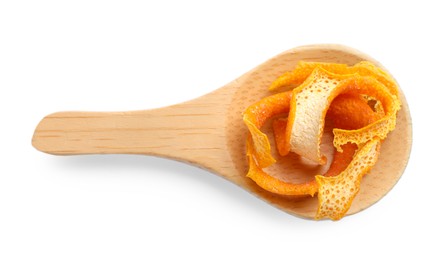 Photo of Wooden spoon with dry orange peels isolated on white, top view