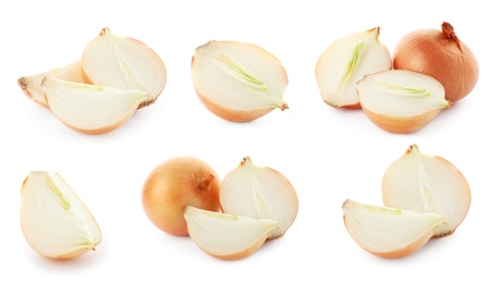 Image of Set of yellow cut and whole onion on white background. Banner design