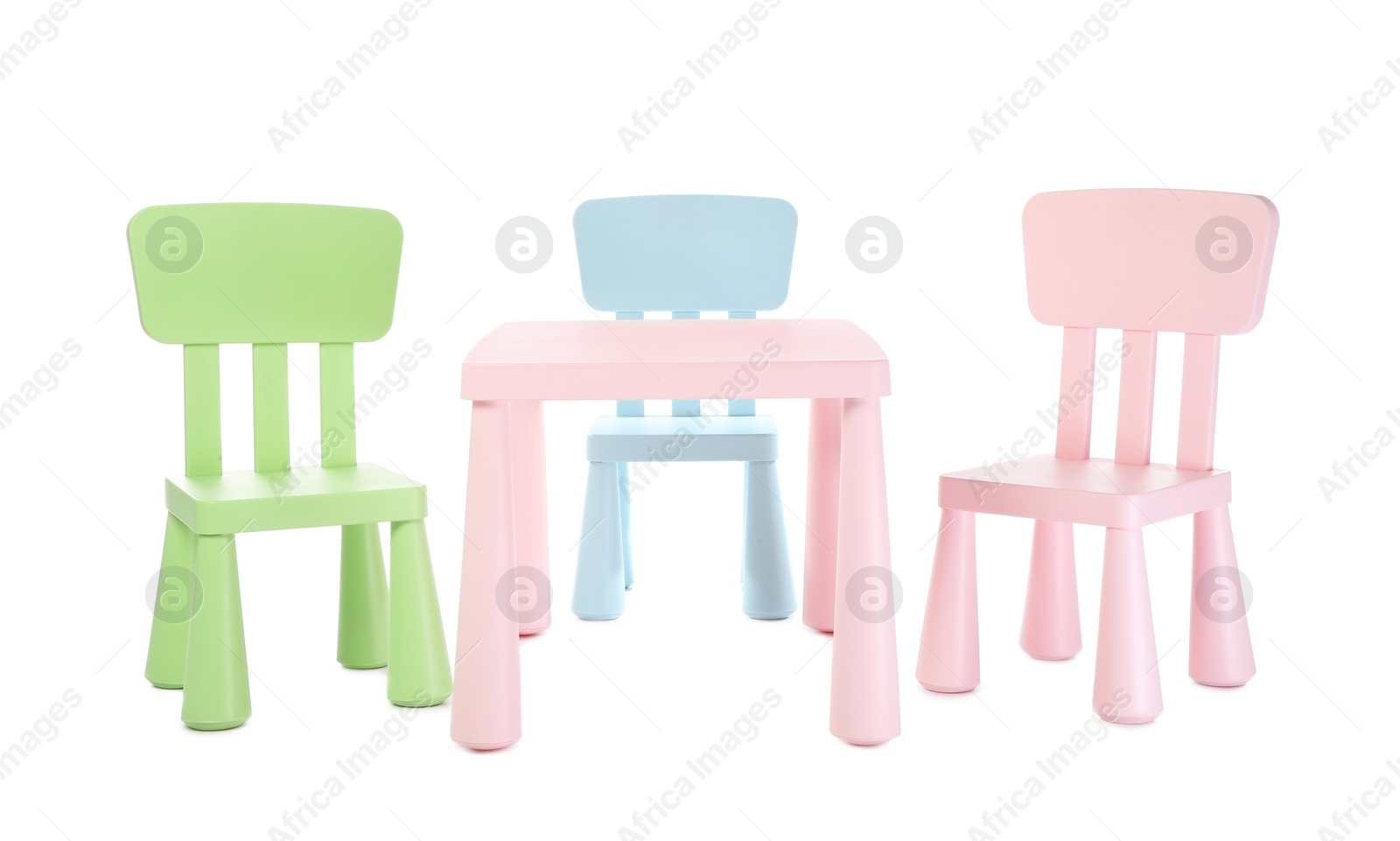 Photo of Colorful table and chairs for little kids isolated on white