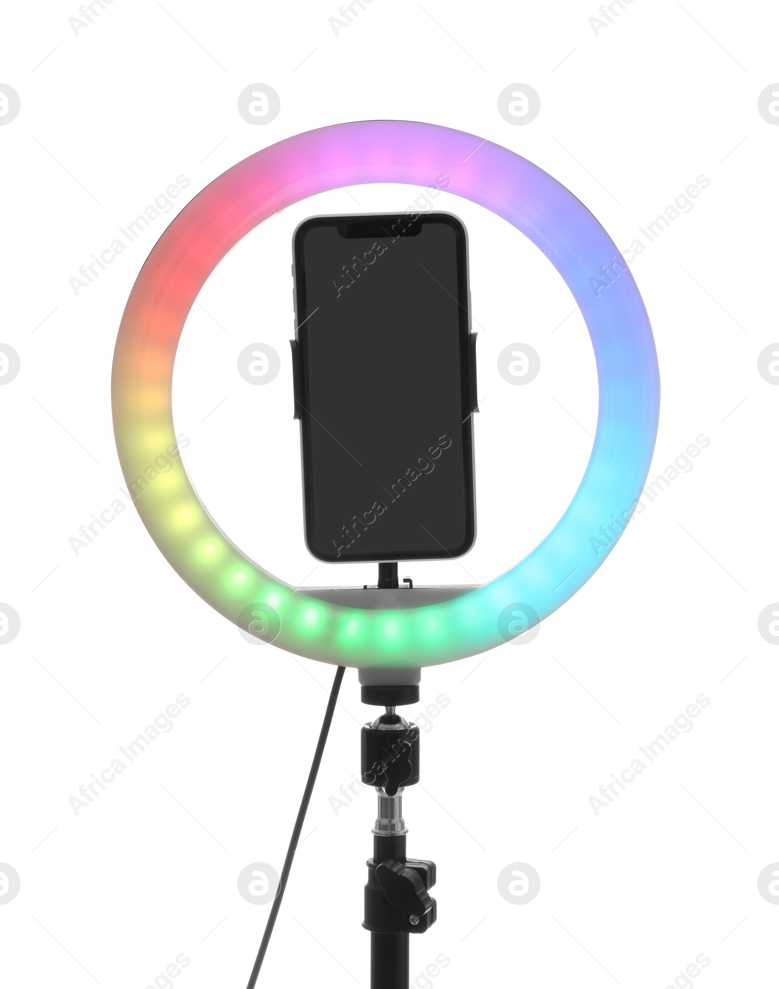 Photo of Tripod with ring light and smartphone isolated on white