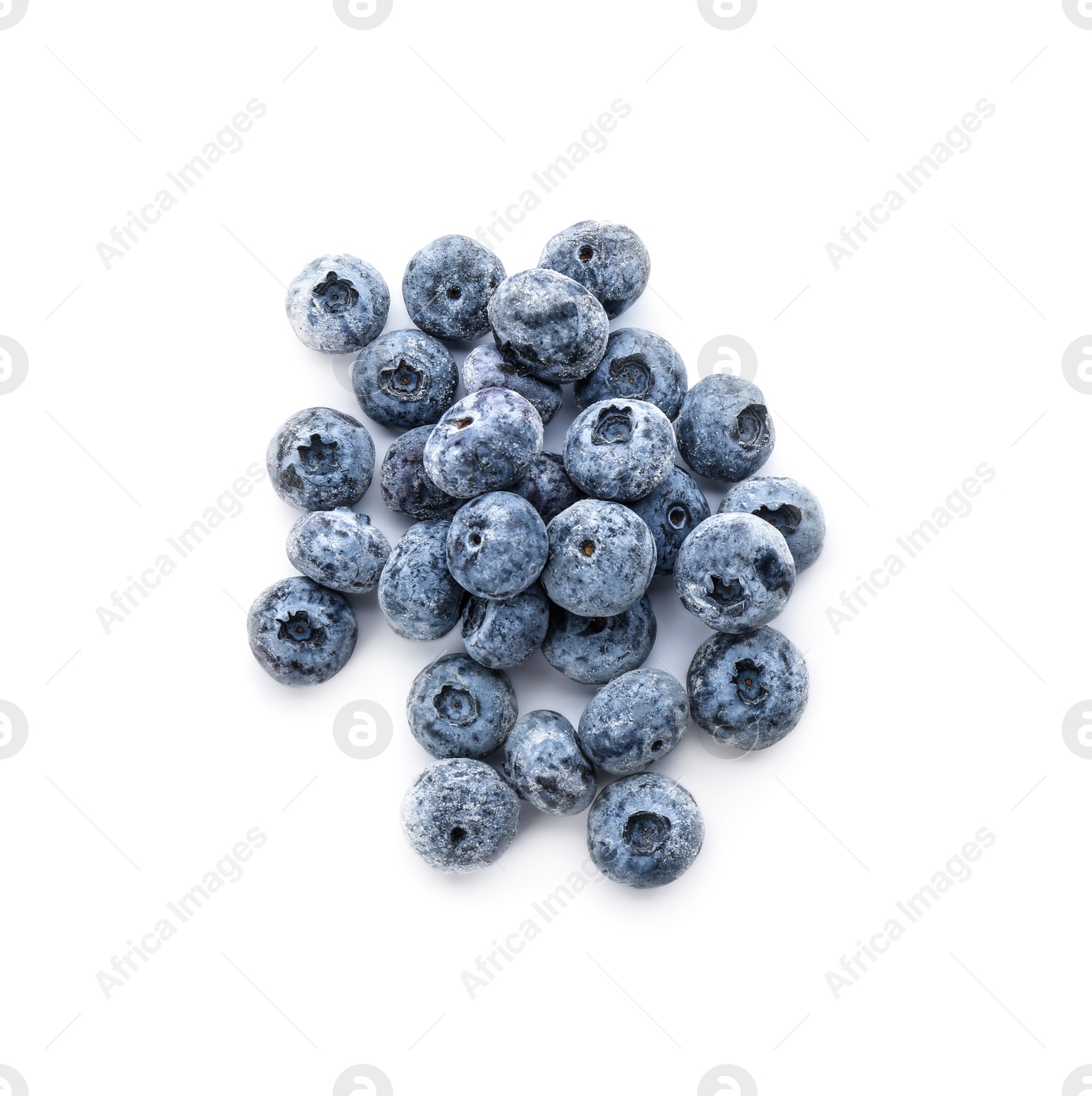 Photo of Heap of tasty frozen blueberries on white background, top view