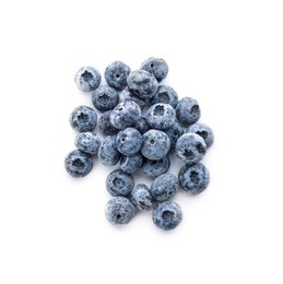 Photo of Heap of tasty frozen blueberries on white background, top view