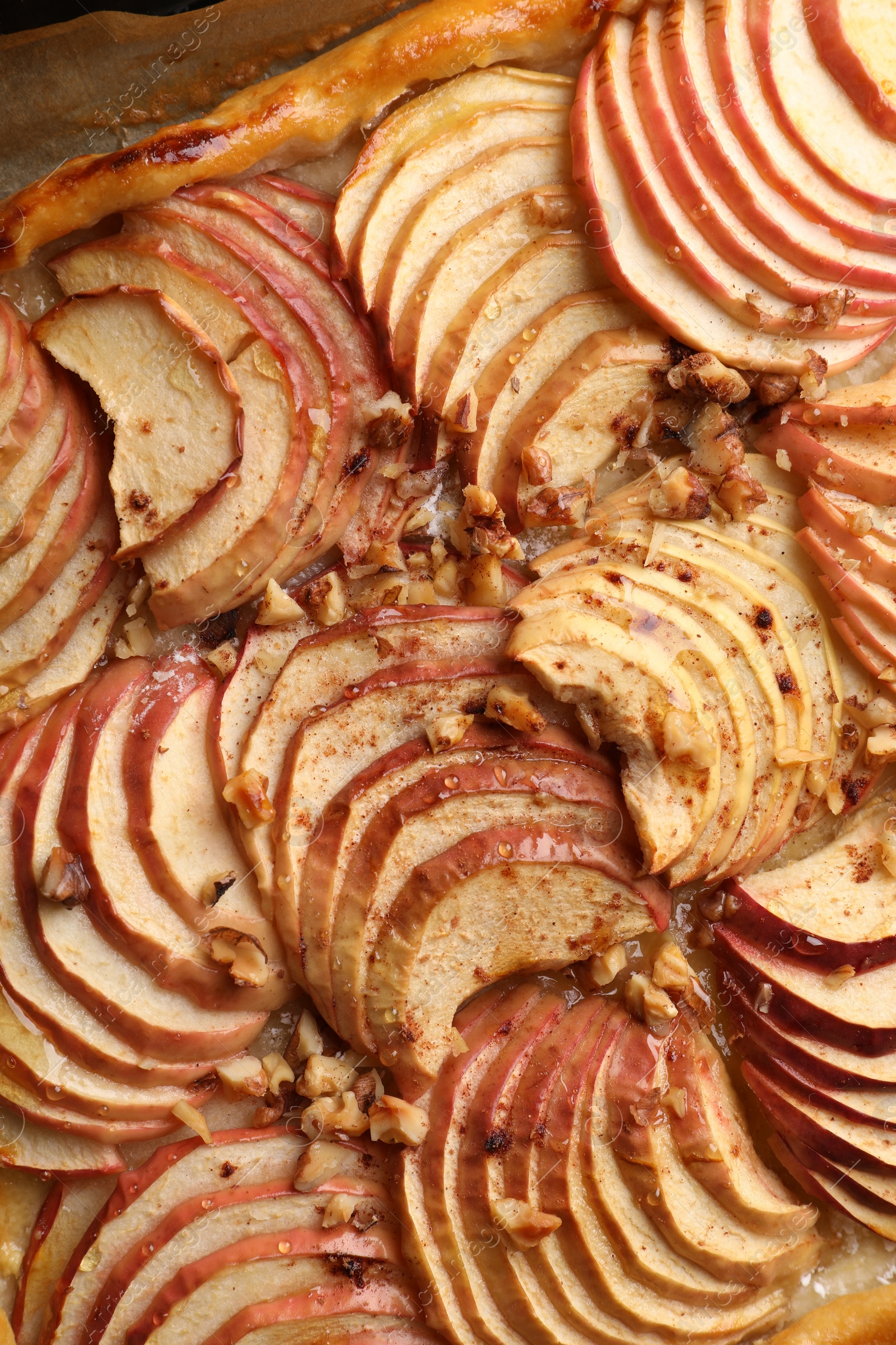 Photo of Closeup view of fresh apple galette with nuts