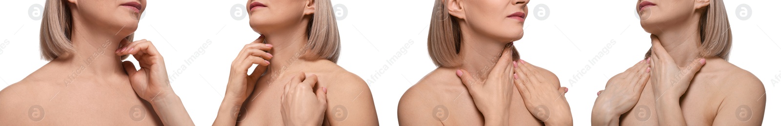 Image of Woman touching her neck on white background, set of photos