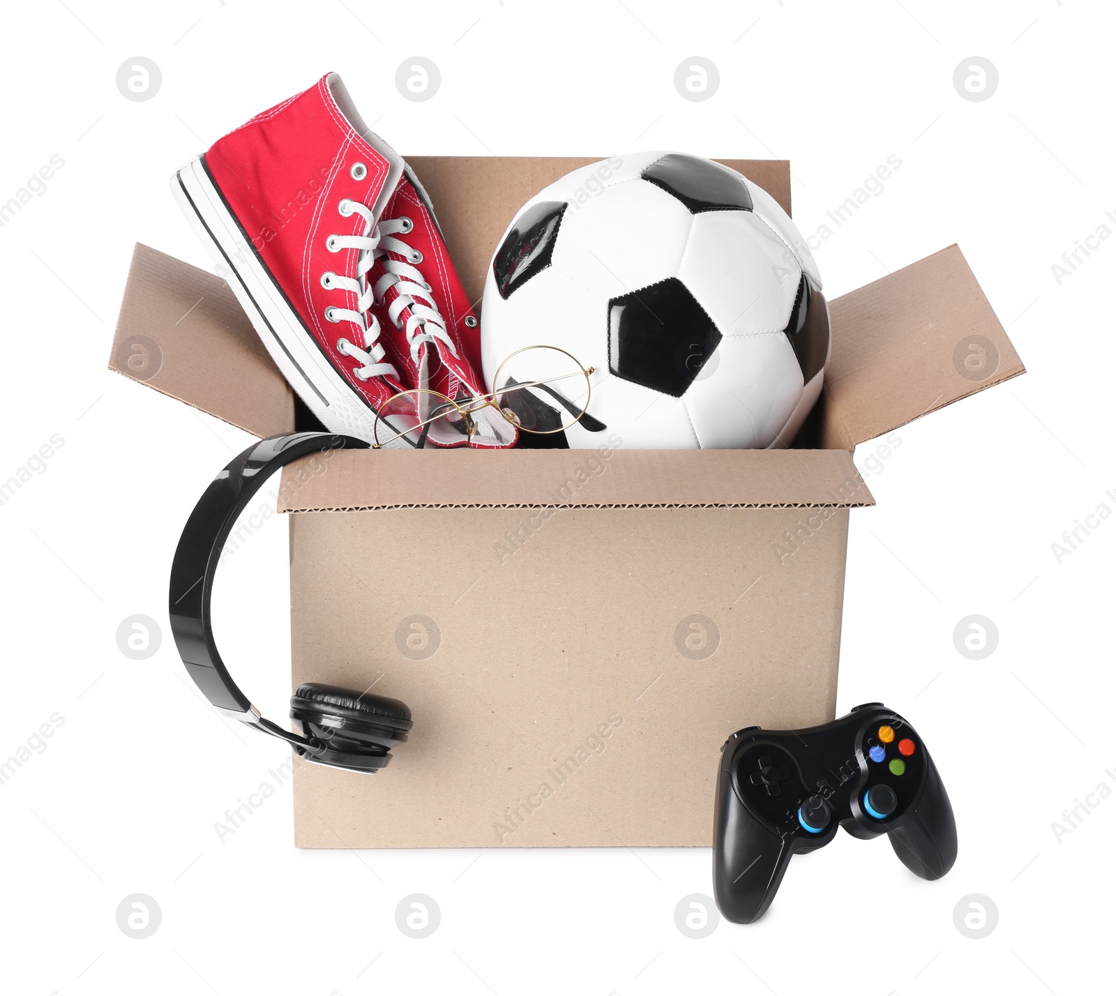 Photo of Box with unwanted stuff isolated on white