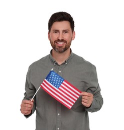 4th of July - Independence day of America. Happy man holding national flag of United States on white background