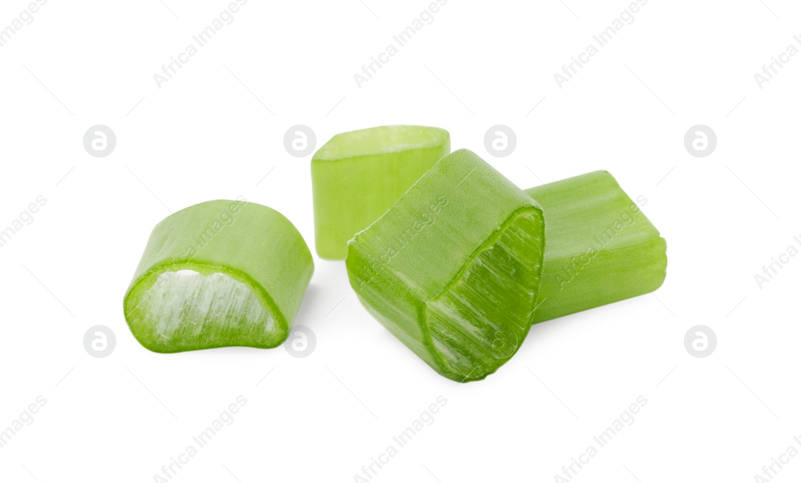 Photo of Chopped fresh green onions on white background