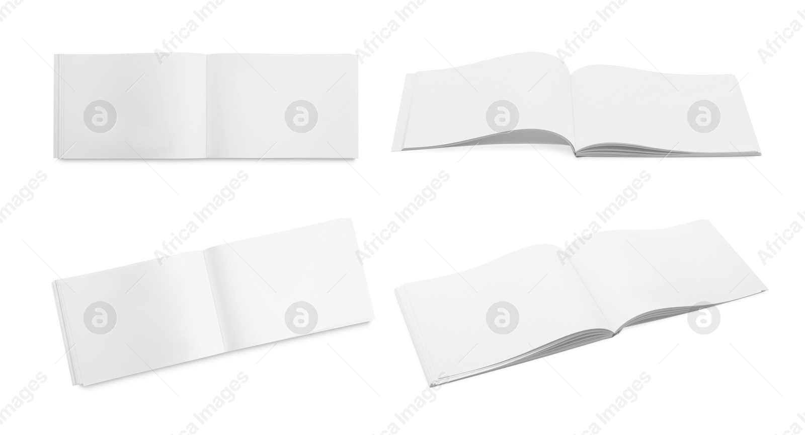 Image of Set with blank paper brochures on white background. Mockup for design