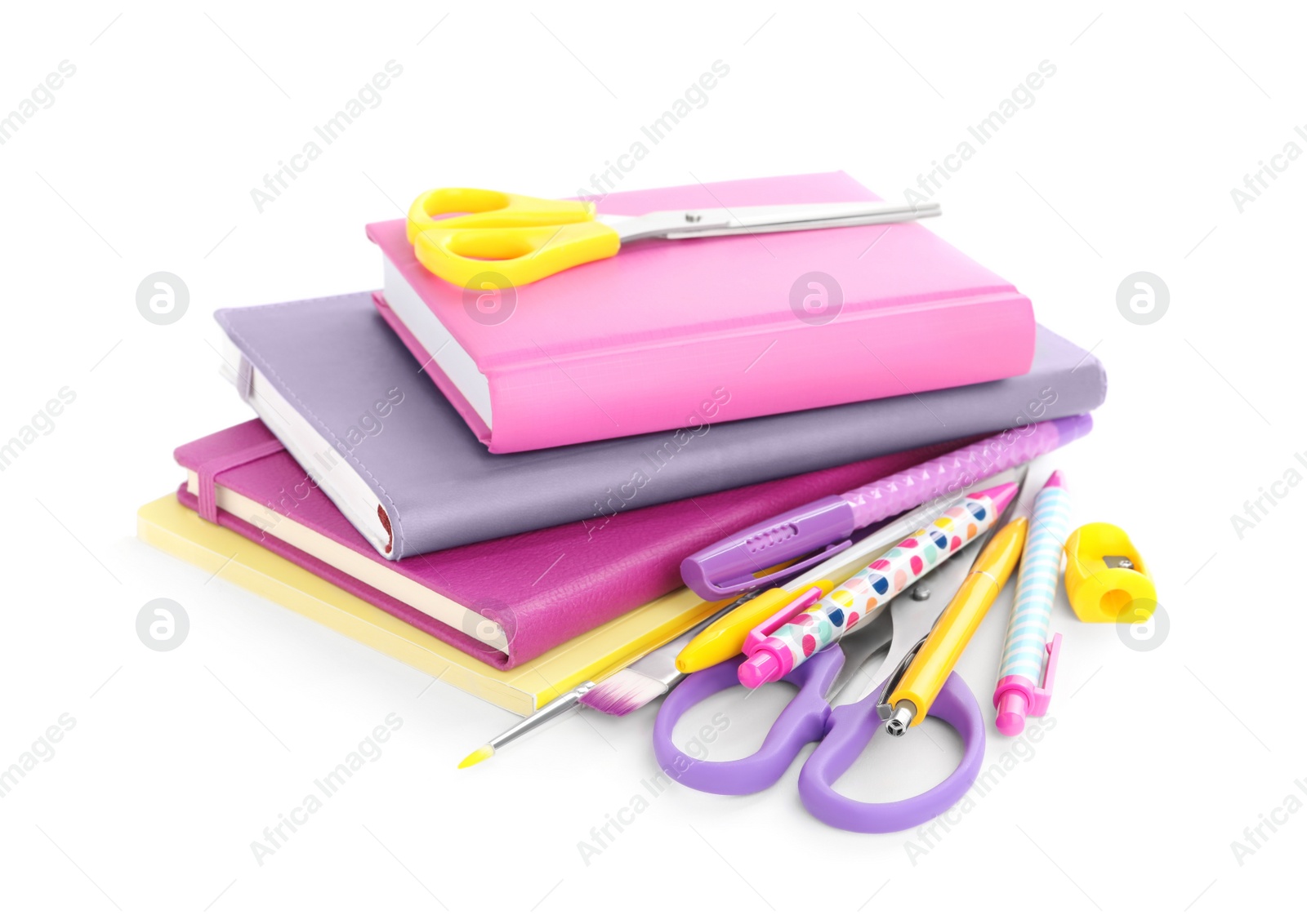 Photo of Set of colorful school stationery on white background