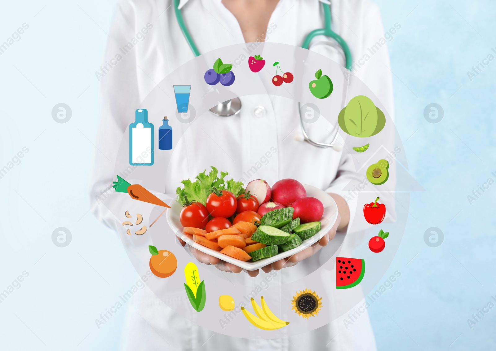 Image of Nutritionist's recommendations. Doctor with healthy products on light blue background, closeup