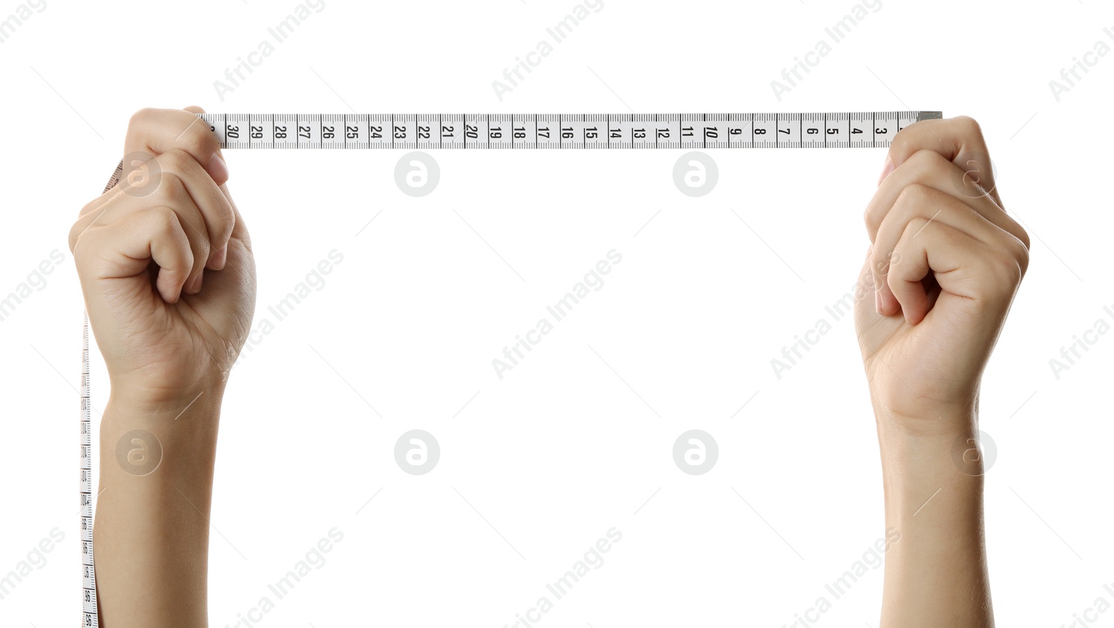 Photo of Woman holding measuring tape on white background, closeup