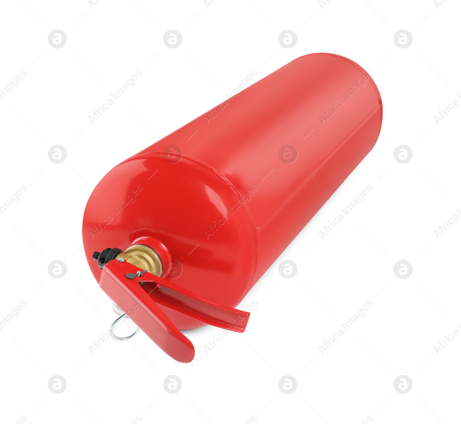 Photo of One red fire extinguisher on white background