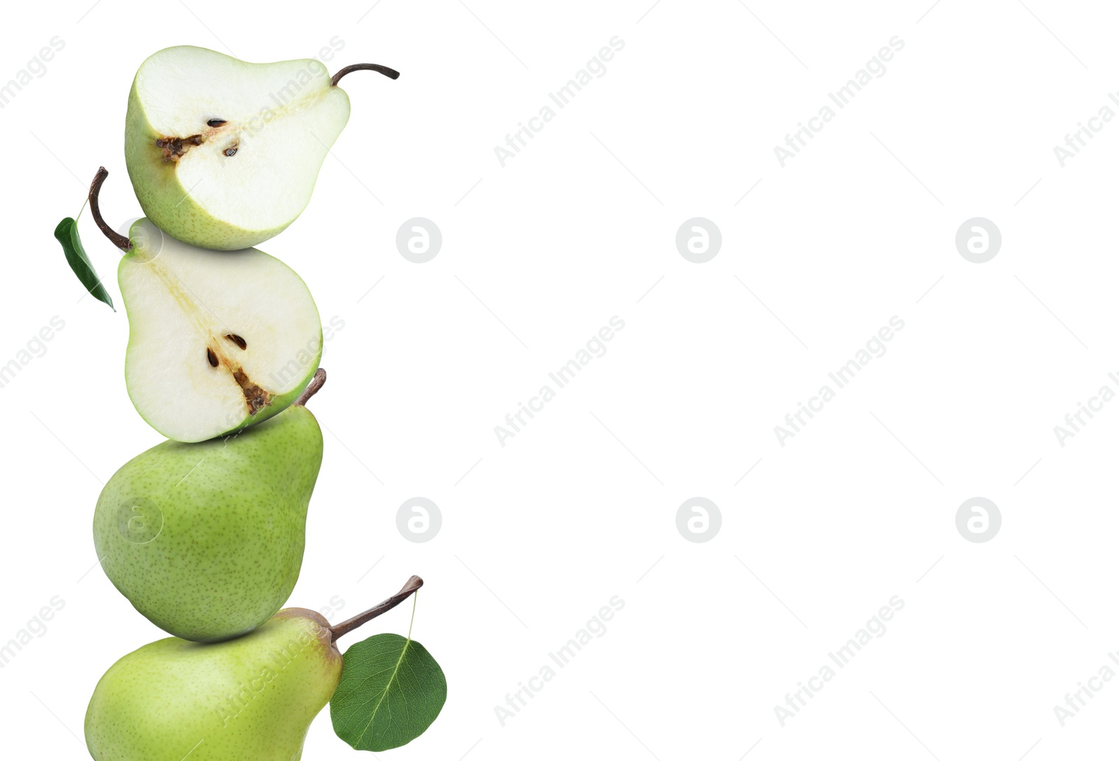 Image of Cut and whole fresh ripe pears on white background