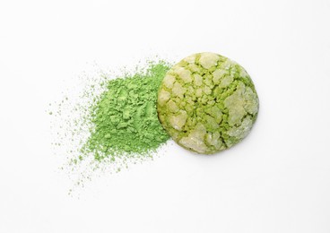 Tasty matcha cookie and powder on white background, top view