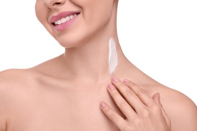 Photo of Woman with smear of body cream on her neck against white background, closeup