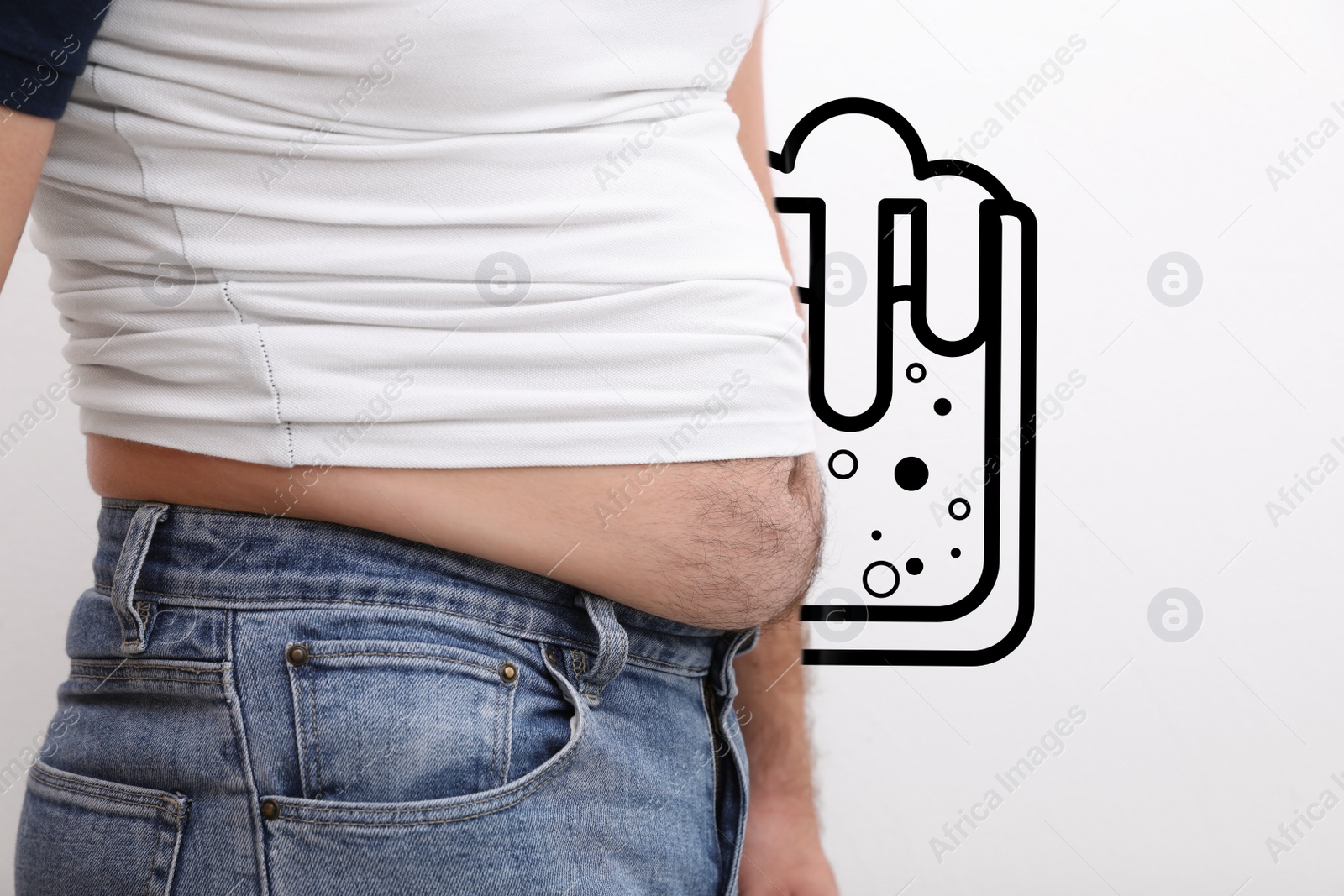 Image of Beer belly problem. Overweight man on white background, closeup