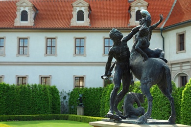 PRAGUE, CZECH REPUBLIC - APRIL 25, 2019: Beautiful statue in garden of Wallenstein Palace