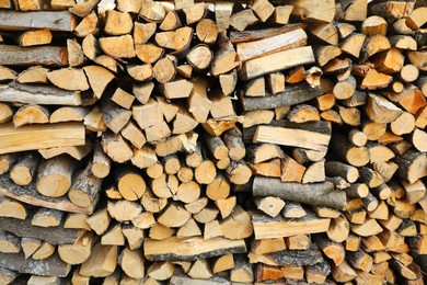 Stacked firewood as background. Heating in winter