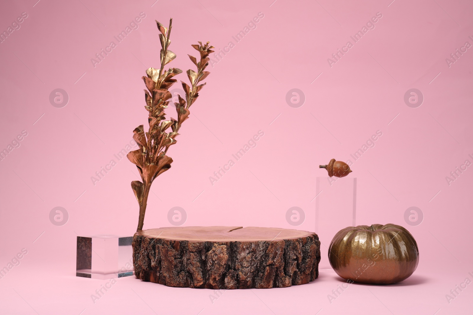 Photo of Stylish presentation for product. Wooden stump, geometric figures and autumn decor on pink background