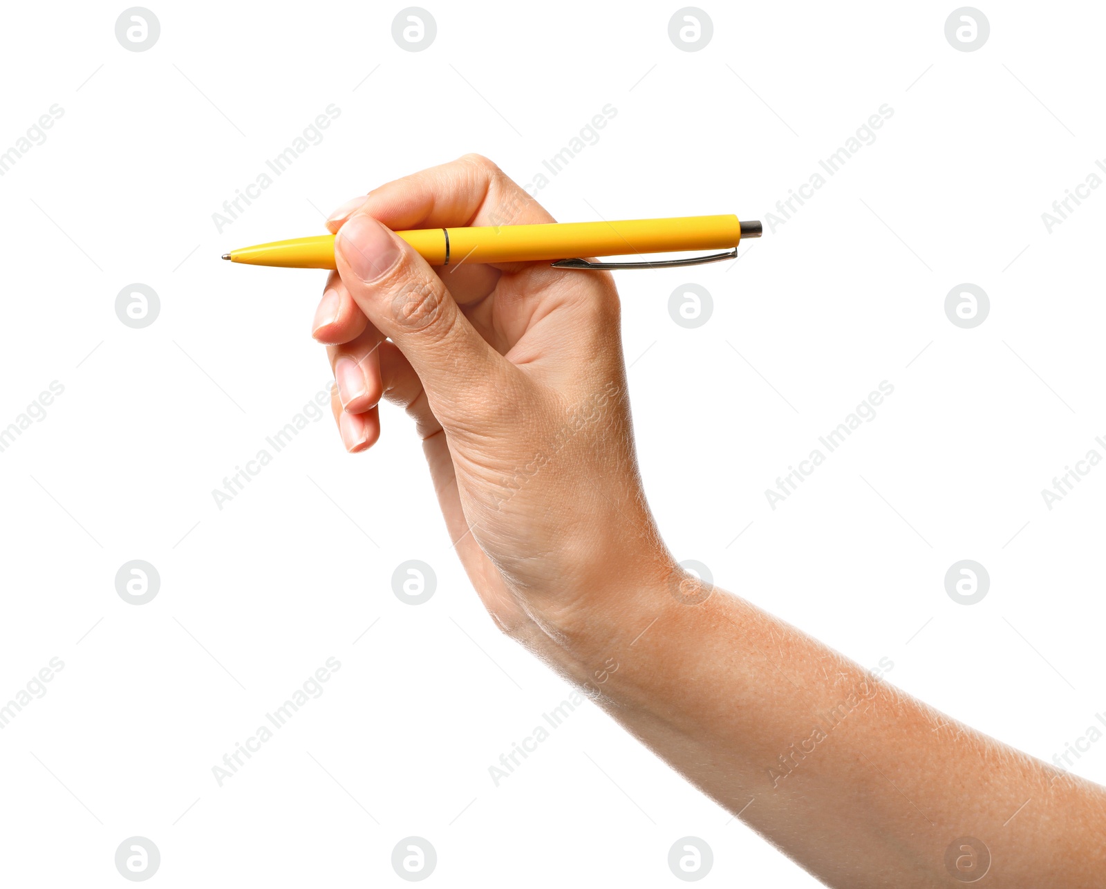 Photo of Young woman holding pen on white background, closeup