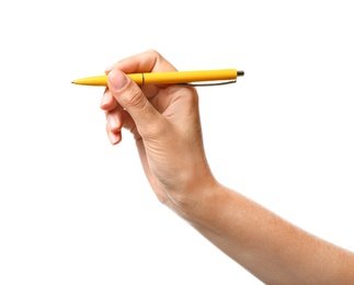 Photo of Young woman holding pen on white background, closeup