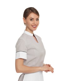 Photo of Portrait of chambermaid in tidy uniform on white background