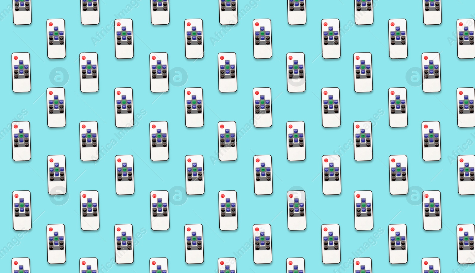 Image of Remote controller pattern on turquoise background, top view. Collage design