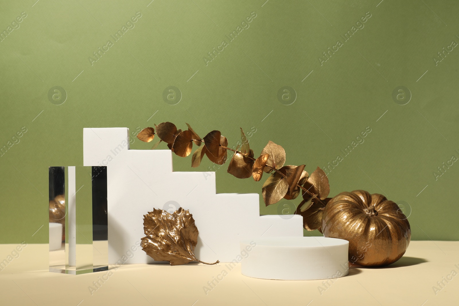 Photo of Autumn presentation for product. Geometric figures, branch with golden leaves and pumpkin on color background