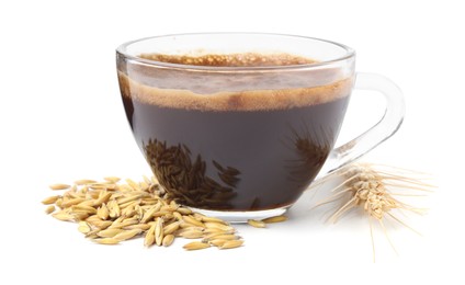 Cup of barley coffee, grains and spike isolated on white
