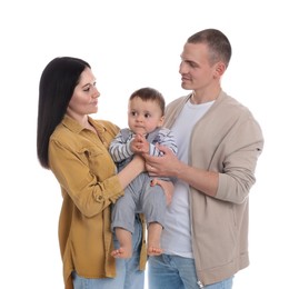 Portrait of happy family with little child on white background