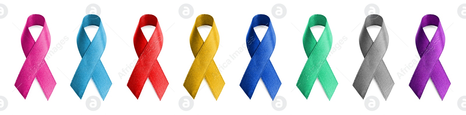 Image of Set with different color ribbons on white background, banner design. World Cancer Day