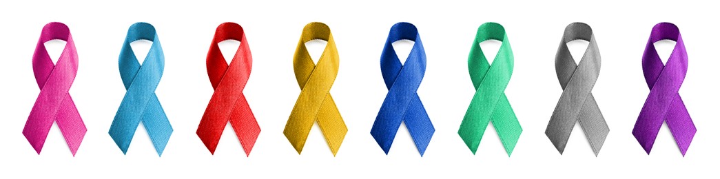 Image of Set with different color ribbons on white background, banner design. World Cancer Day