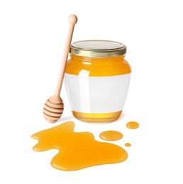 Image of Jar of honey with blank label and wooden honey dipper on white background. Mockup for design