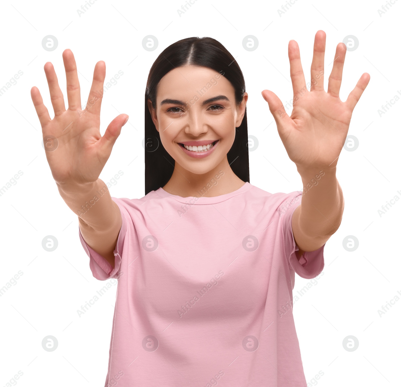 Photo of Happy woman giving high five with both hands on white background