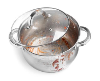 Photo of Dirty pot with lid on white background